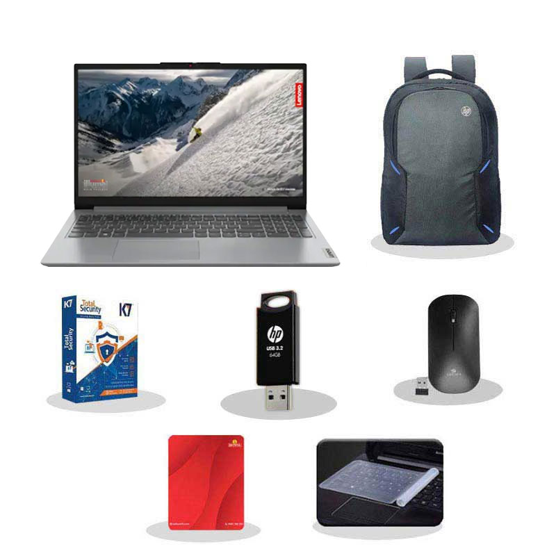 Picture of Lenovo IdeaPad 1 - AMD Ryzen 3 7320U 15.6" (39.6cm) 82VG00T8IN Thin & Light Laptop (8GB/512GB SSD/ Full HD Display/ Integrated AMD Radeon 610M/ Camera Privacy Shutter/ Anti-glare/ Windows 11 Home/ Office 2024/ 1 Year Warranty/ Cloud Grey/ 1.58 kg) with Laptop Bag + K7 Antivirus + Wireless Mouse + Mouse Pad+ Pendrive + Laptop Key Skin